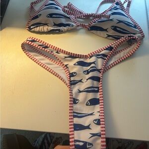 SHEIN Fish Print Bikini Set with Red Trim